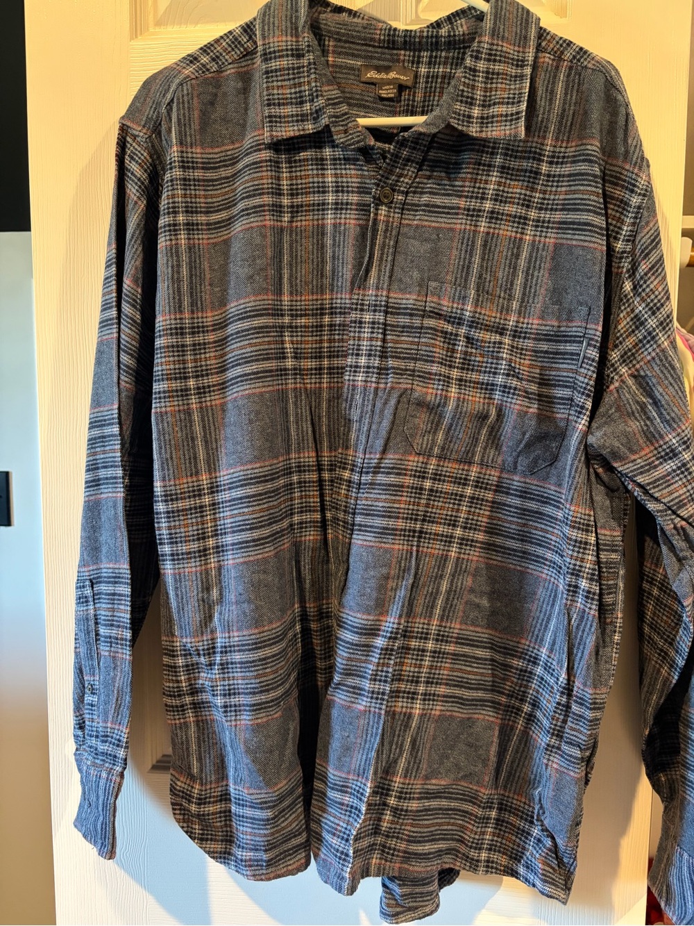 Eddie Bauer Men's Navy and Gray Plaid Button-Down Shirt